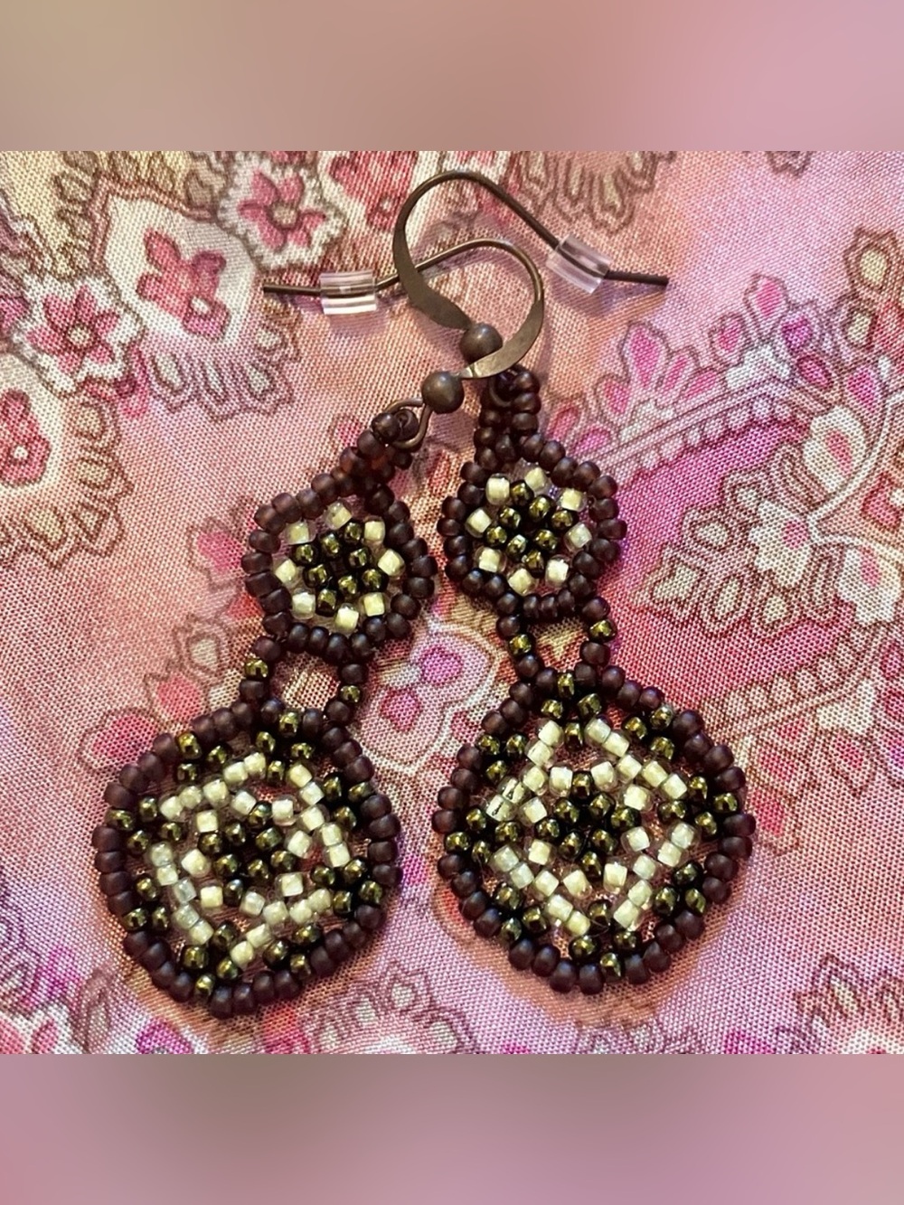 Handmade Miyuki Brown Olive Green Mandala Double Drop Beaded Statement Earrings